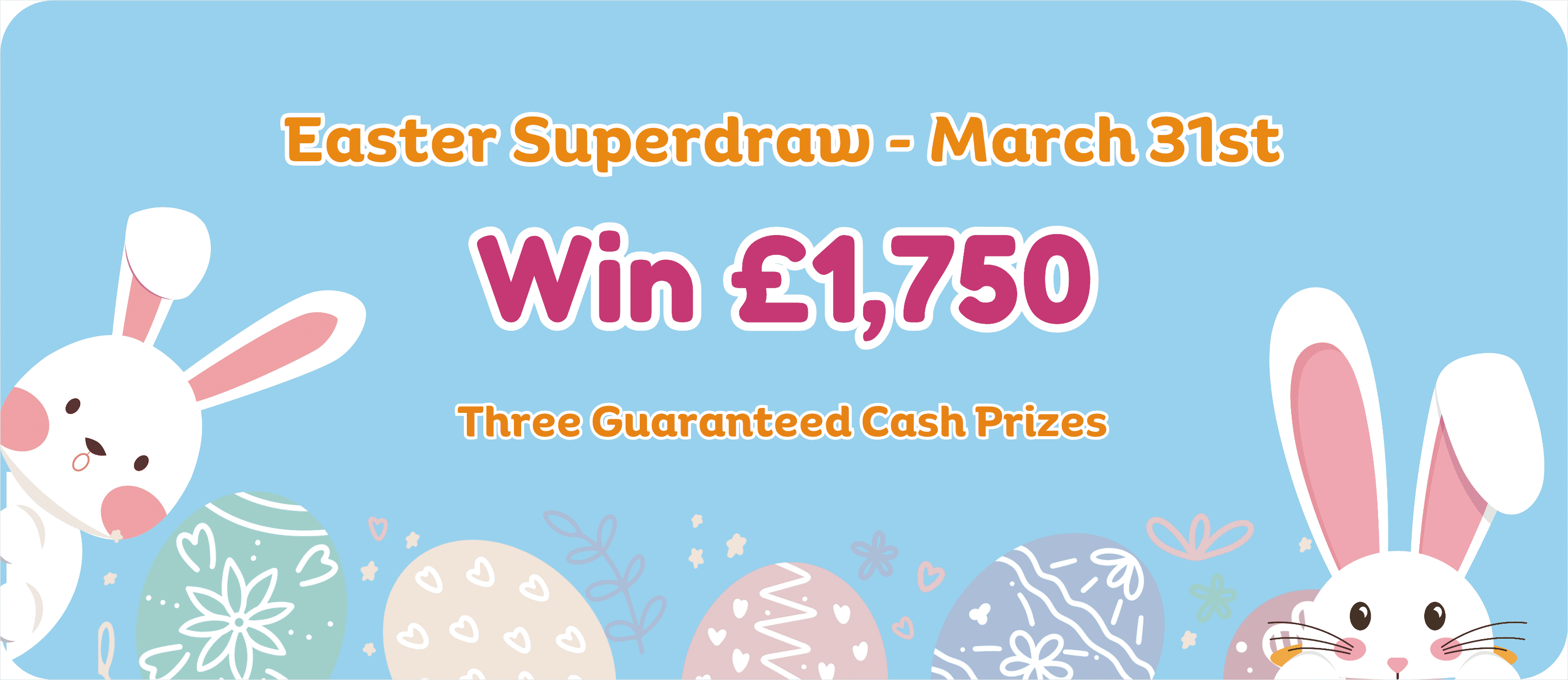 Illustration of a colorful Superdraw event with people celebrating around a large lottery ticket marked 'New Spond Superdraw' featuring symbols for Easter, Summer, and Halloween