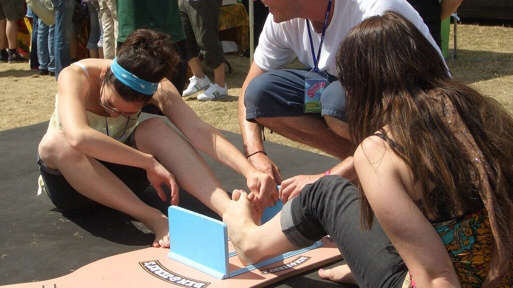 Participants locking toes during the Toe Wrestling World Championships in Derbyshire.