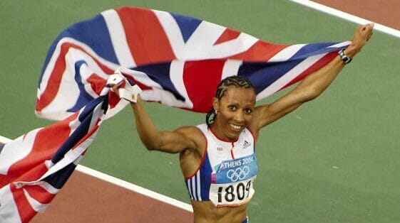 Dame Kelly Holmes, one of the greatest British sportswomen, crossing the finish line to win Olympic gold in Athens