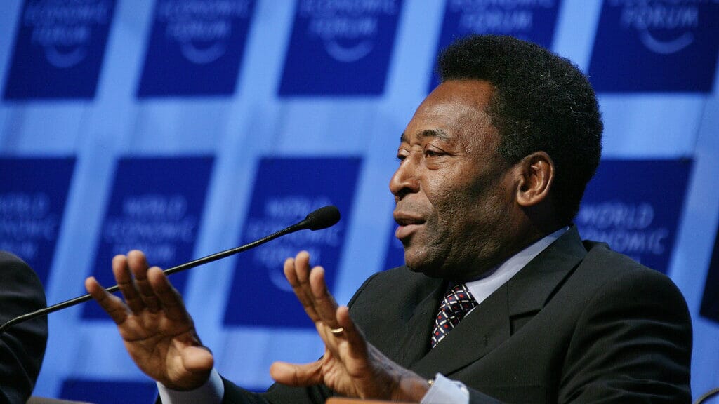 Pelé, one of the greatest footballers of all time, celebrating Brazil's 1970 World Cup victory.