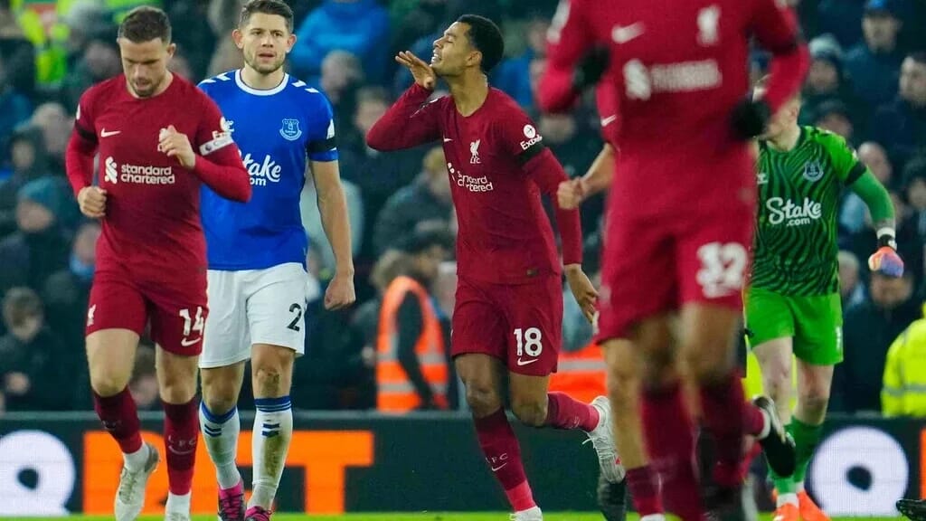 Liverpool and Everton fans at a Merseyside Derby, one of England’s greatest club rivalries.