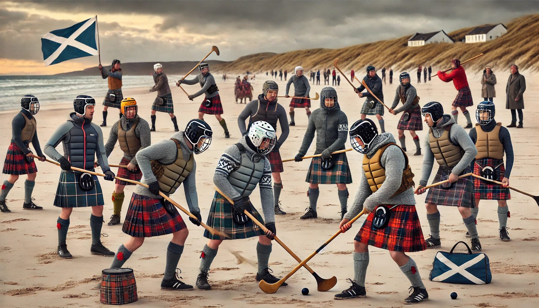 Players engaging in a festive shinty match on the Isle of Barra’s scenic beach, part of Scotland’s unique festive sporting traditions.