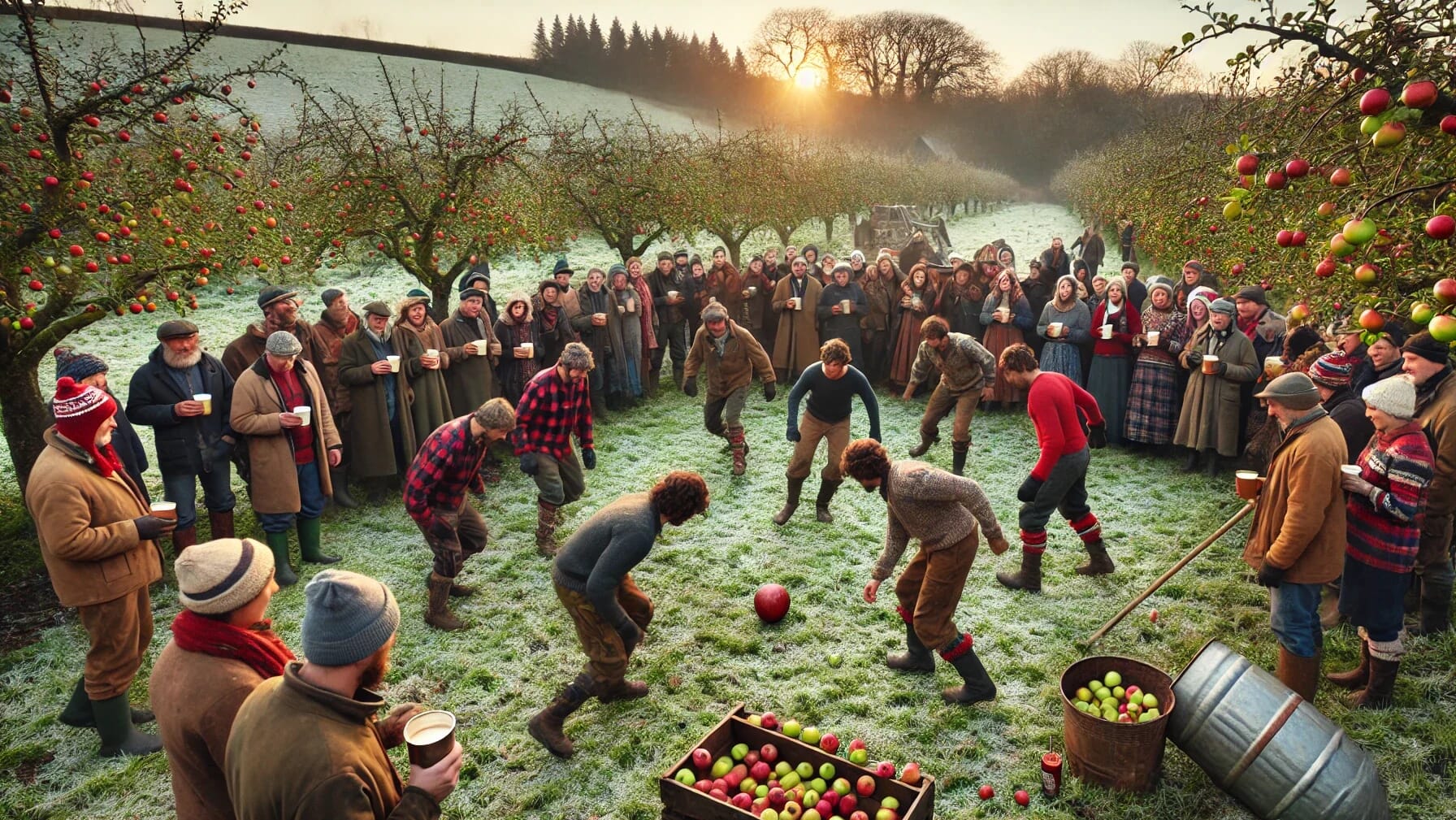 Revellers playing a rustic football game in a cider orchard during a wassail celebration, part of the UK’s rural festive sporting traditions.