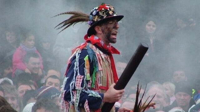 A large crowd in North Lincolnshire participating in the Haxey Hood Game, one of the UK’s oldest festive sporting traditions.