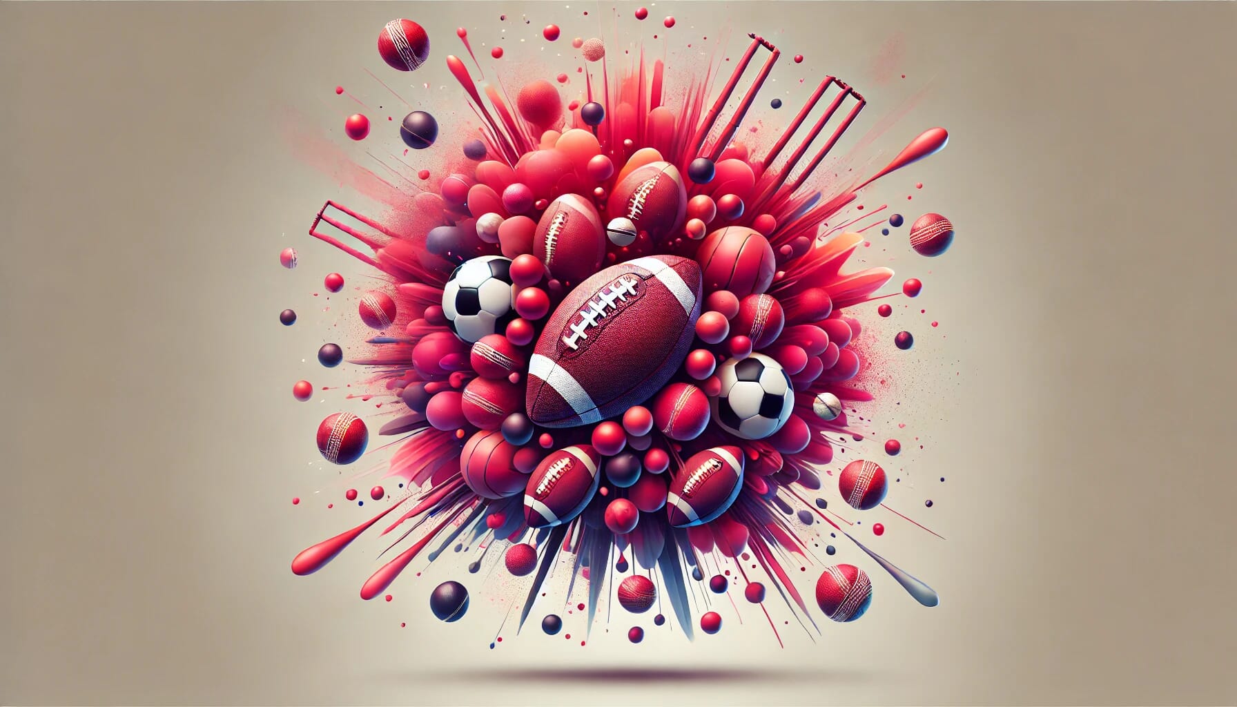 A dynamic explosion of footballs, rugby balls, and cricket balls bursting from the centre, showcasing Spot the Ball from Spond for grassroots sports and fundraising.