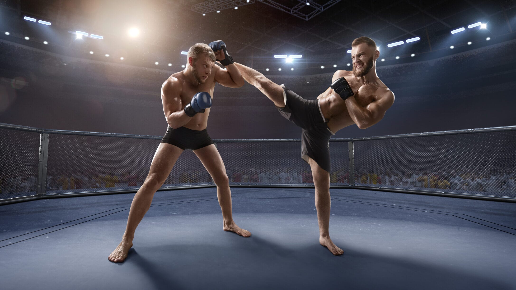 MMA fighters grappling in an octagon-shaped ring under arena lights, representing one of the biggest sports in the world.